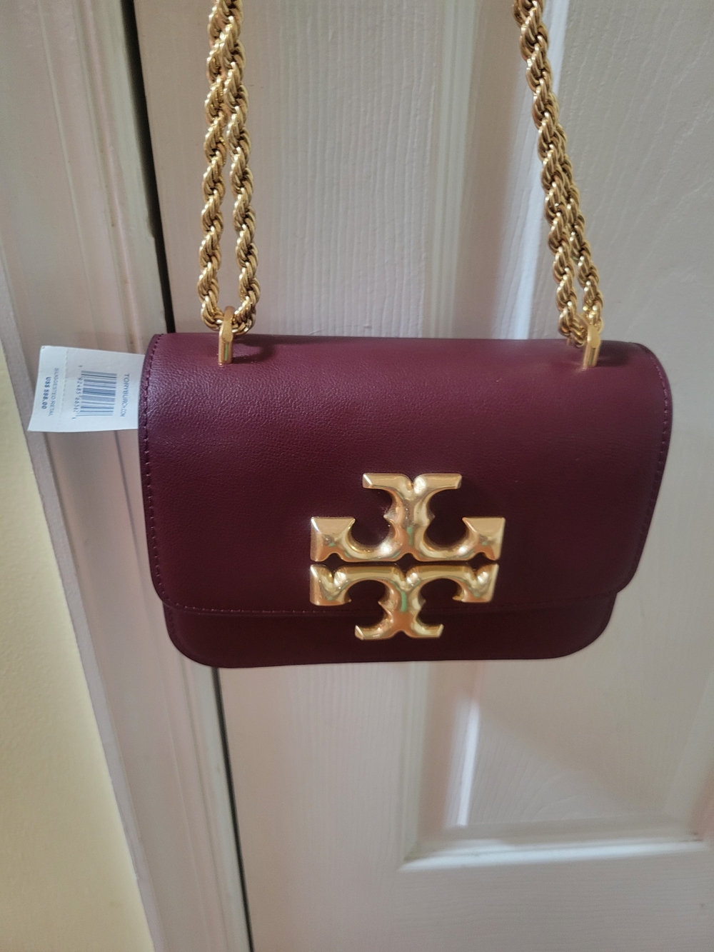 Tory Burch Kira Leather Shoulder Bag in Burgundy with Gold Hardware